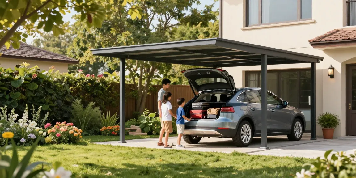 Ein moderner Carport schützt ein Auto in einem einladenden Garten während einer Familienreise.