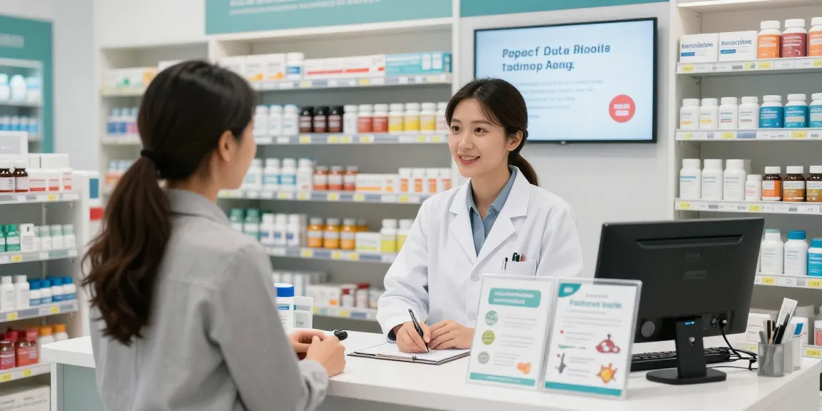 Engagierte Kunden im Medi Pharma Shop, die über Gesundheitsprodukte diskutieren.