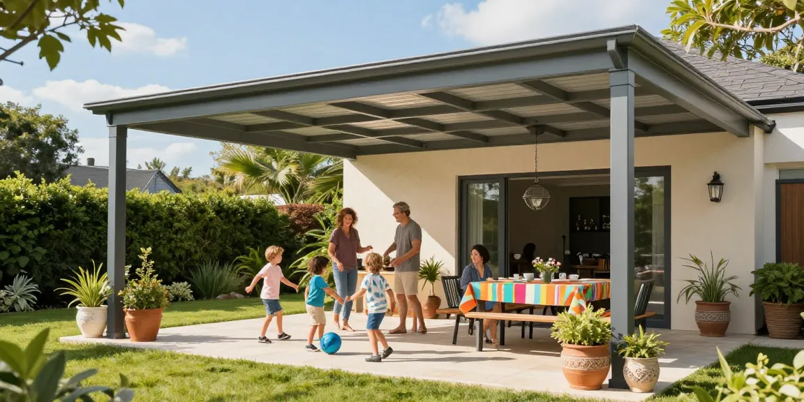 Gemütliche Terrasse mit Terrassenüberdachung, Familie genießt den Nachmittag im Freien.