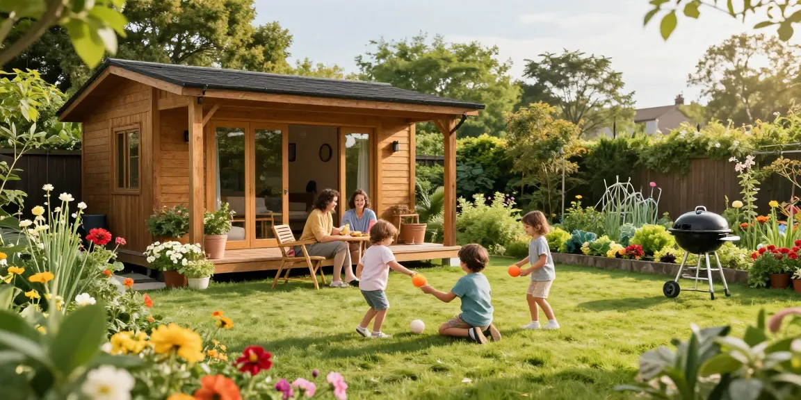Gartenhaus kaufen in einem idyllischen Garten mit Familie, blühenden Pflanzen und gemütlichem Ambiente.