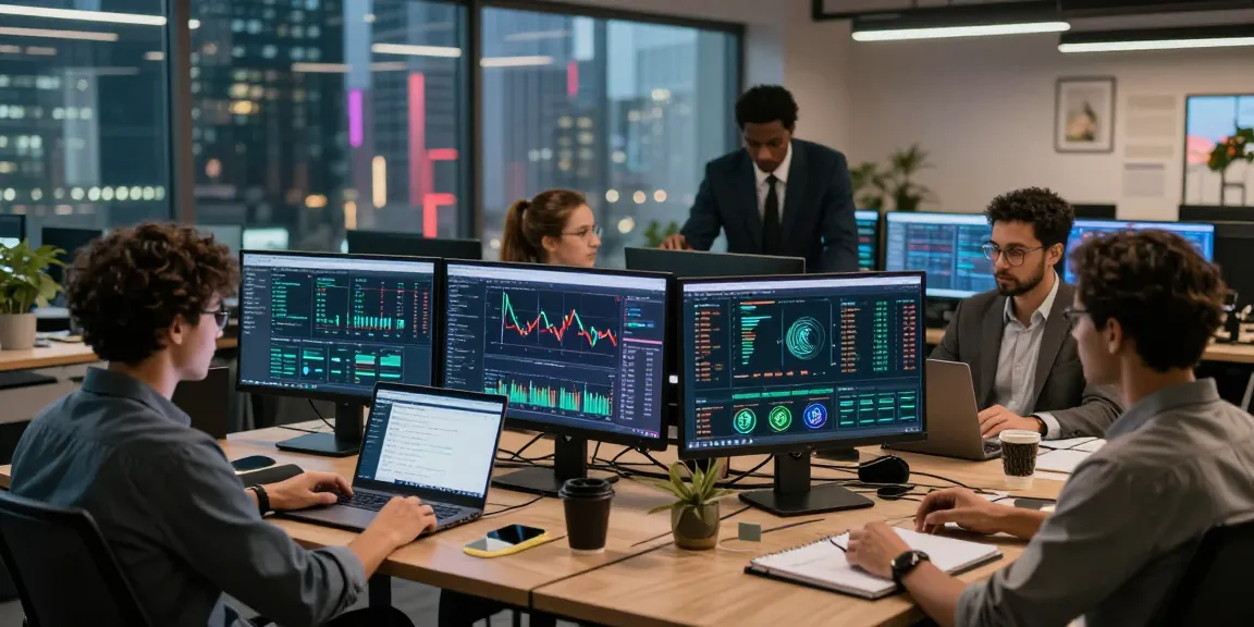Edimakor Video-Editor in einem modernen Büro, wo Krypto-Trader Analysen durchführen und DeFi-Plattformen nutzen.